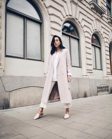 как носить розовый, розовый, pink coat, pink flat mules